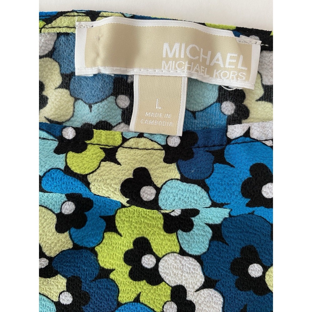 Michael Kors Short Sleeve Blouse Sz Large Smocked Hem Blue Teal Floral Designer - Picture 4 of 9